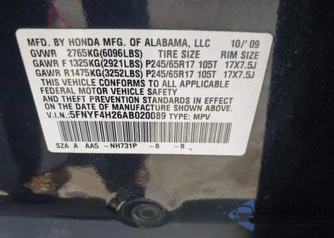 2010 Honda Pilot Lx from USA, damaged, VIN 5FNYF4H26AB020089